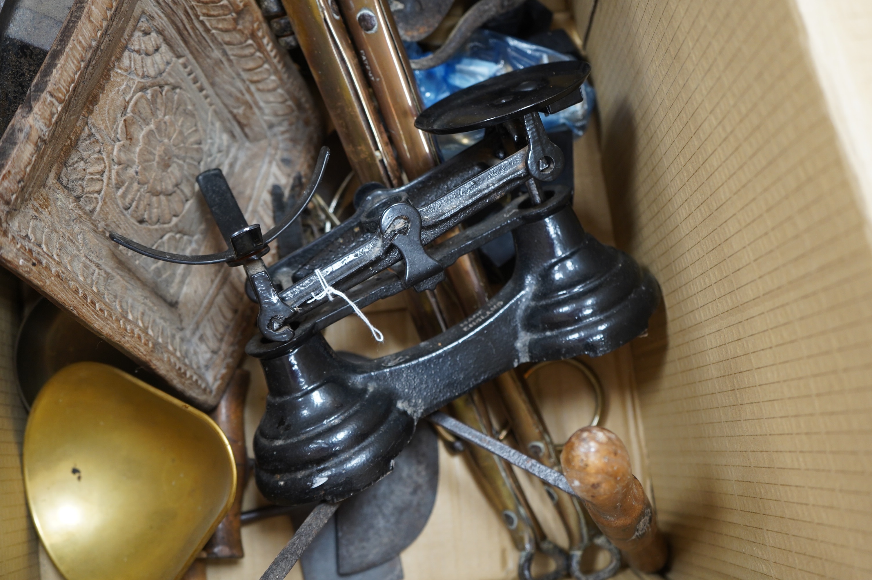 A set of Salter scales and sundry metalware. Condition - poor to fair